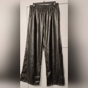 Sleek Black Satin Pants with Side Buttons